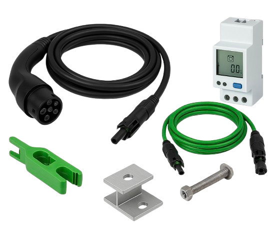 Zubehör-Set mit schwarzem Ladekabel, grünem Anschlusskabel, Messgerät, grünem Werkzeug und silbernen Montageschrauben – für Installation und Wartung von Energieanlagen.