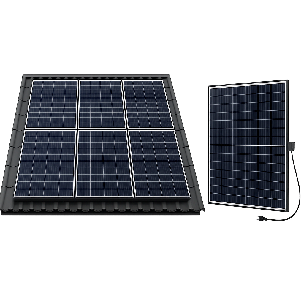 Zwei Solarmodule – ein großes Dachpanel und ein kleineres Balkonkraftwerk – zur Stromerzeugung durch Sonnenenergie.