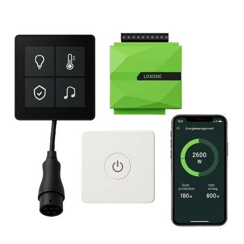 SmartHome- und Energiemanagement-System mit Loxone-Steuerung, grünem Modul, schwarzem Bedientaster, weißem Schalter und Smartphone-Anzeige der Energieproduktion.