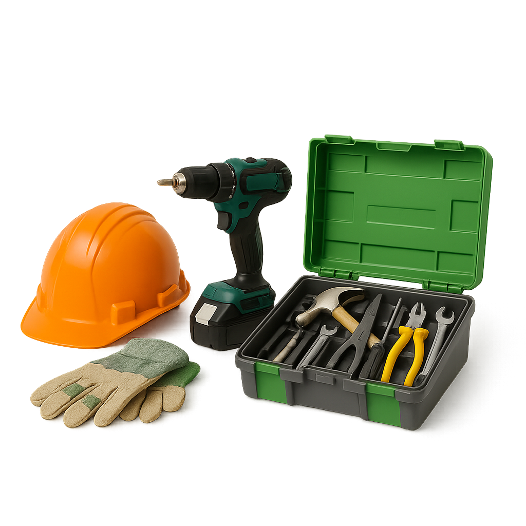 Werkzeugset mit grün-schwarzem Akkuschrauber, orangefarbenem Schutzhelm, Arbeitshandschuhen und geöffnetem grünen Werkzeugkoffer mit verschiedenen Werkzeugen,