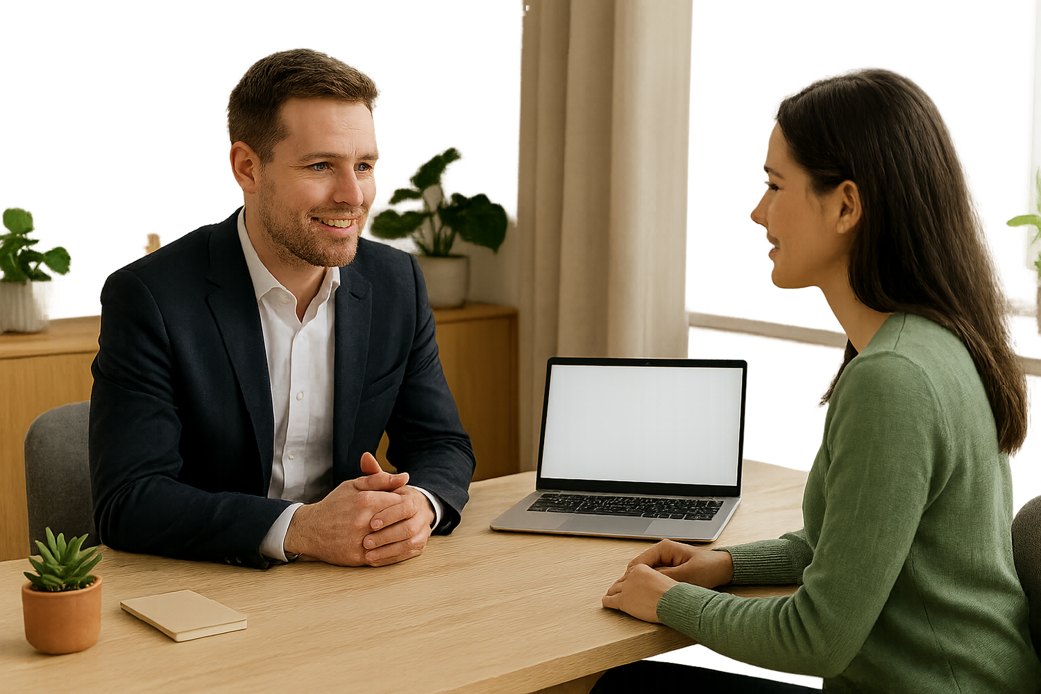 Beratungsgespräch zwischen einem Berater im Anzug und einer Kundin in grünem Pullover an einem Schreibtisch mit Laptop und Pflanzen im Hintergrund.